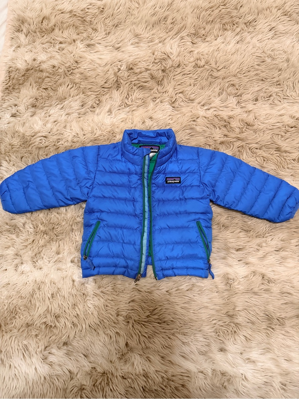 Patagonia Kids Blue Puffer Jacket with Green Trim 18 months